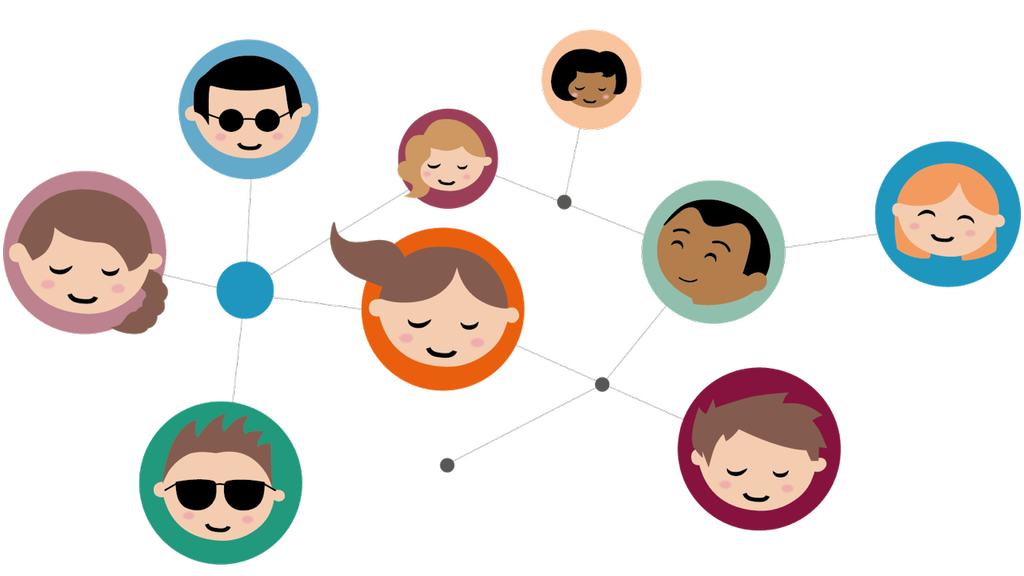 Illustration verschiedener Gesichter, um die jeweils ein bunter Kreis ist. Die Kreise sind mit Strichen zu einem Netzwerk verbunden.