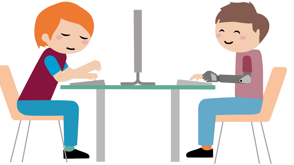 Illustration von zwei Personen, die sich gegenüber auf einen Stuhl an einem Tisch sitzen. Beide bedienen einen Computer, indem sie die Tastatur benutzen. Die rechte Person trägt am linken Arm eine Prothese.