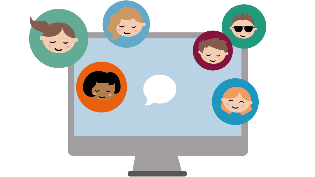 Illustration eines Computerbildschirms. Um den Bildschirm herum sind bunte Kreise mit illustrierten Gesichtern verteilt.