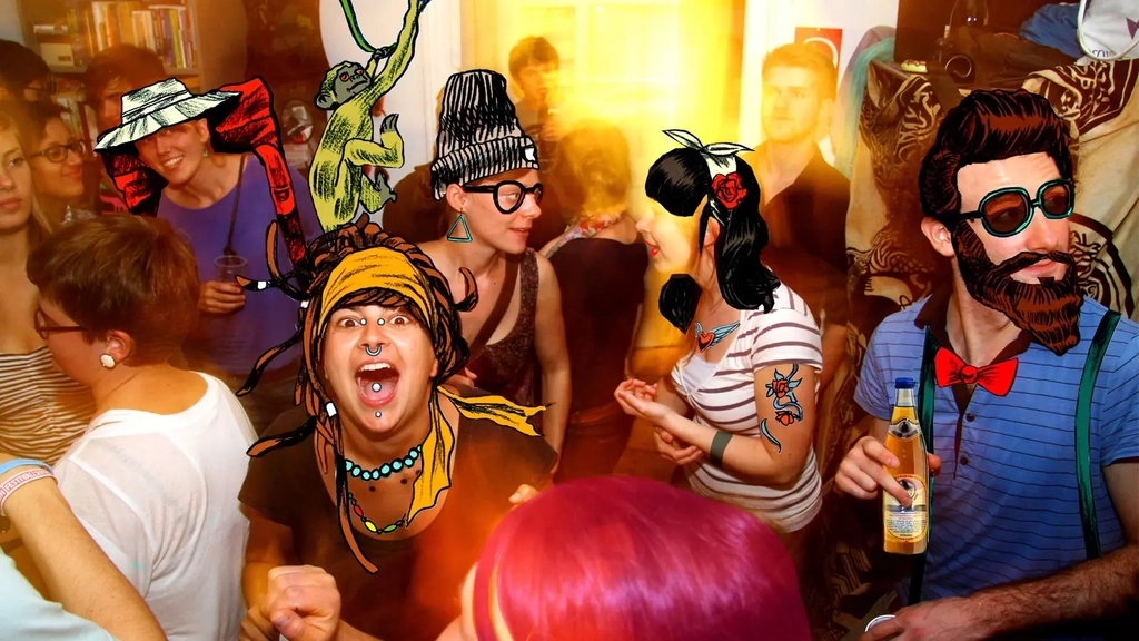 Partyfoto mit jungen tanzenden Leuten, mit Farbe wurden einigen Personen nachträglich Haare, Bärte, Hüte oder Brillen gemalt.