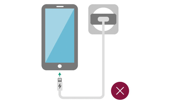 Illustration eines Handys, in das am unteren Ende ein Aufladekabel eingesteckt ist. Daneben ist ein roter Kreis mit einem X abgebildet.