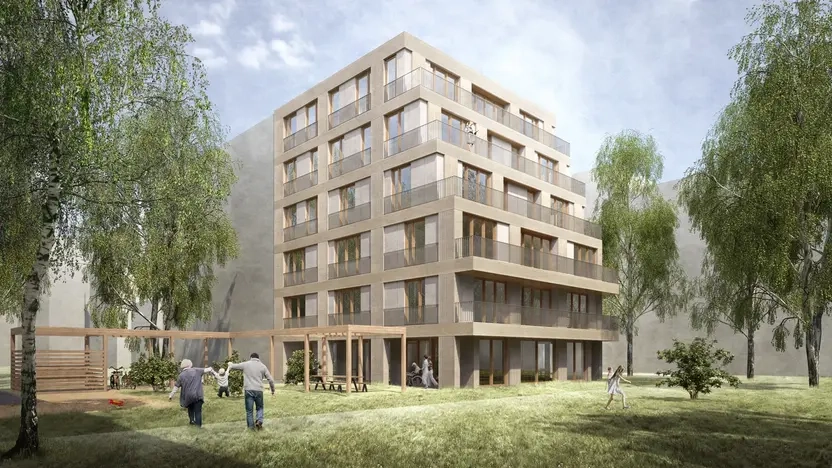 Computergefertigte Grafik von einem 6-stöckigen modernen Wohnhaus in Holzbauweise und mit Staffelgeschoss