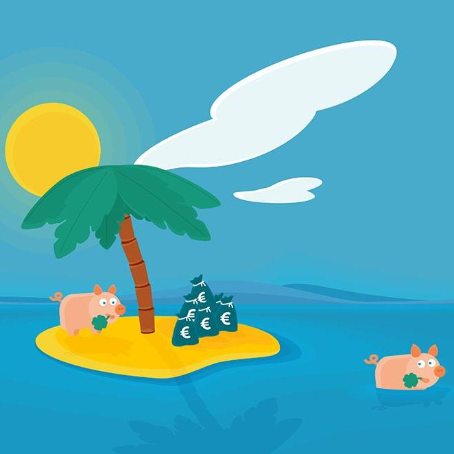 Bild mit Glücksschweinchen und Gewinn auf kleiner Insel im Meer