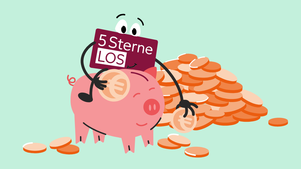 Das 5 Sterne-Los der Aktion Mensch reitet auf einem Sparschwein und sammelt Münzen vom Boden auf.
