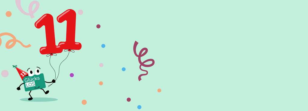 Auf einer hellgrünen Fläche sieht man eine Comicfigur, die aussieht, wie das Glücks-Los der Aktion Mensch. Es lächelt und hat einen roten Party-Hut an. Auf dem Hut ist in weiß die Zahl elf zu sehen. In der Hand hält die Figur zwei Luftballons, die zusammen die Zahl elf bilden. Im Hintergrund sieht man Konfetti und Luftschlangen.