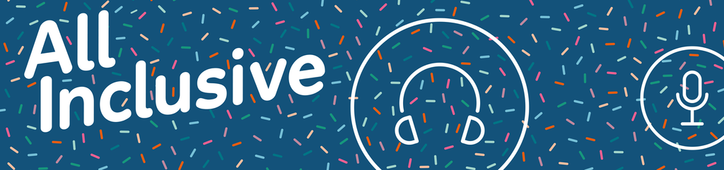 Auf blauem Hintergrund sind bunte Muster zu sehen. Darauf steht der Text "All inclusive" geschrieben.