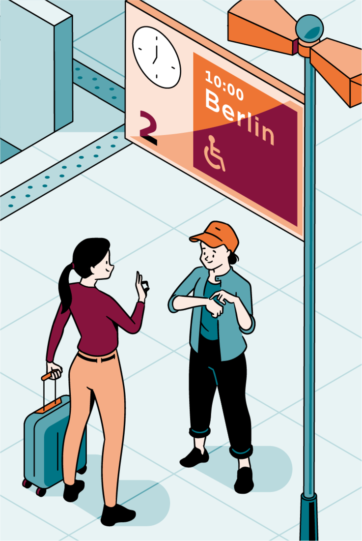 Illustration zweier Personen an einem deutlich ausgeschilderten Gleis, die sich in Gebärdensprache unterhalten