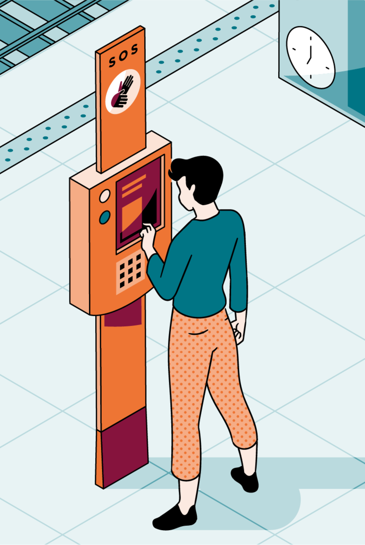 Illustration einer Person an einer barrierefreien Notrufsäule, die den Bildschirm der Säule bedient