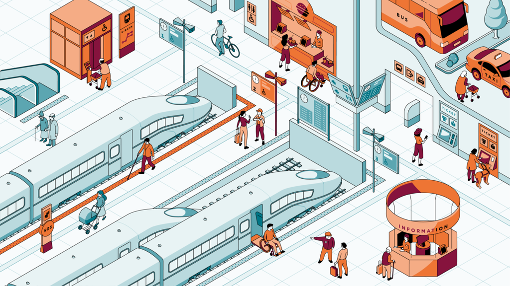 Illustration eines Bahnhofs mit farblich hervorgehobenen Maßnahmen für Barrierefreiheit