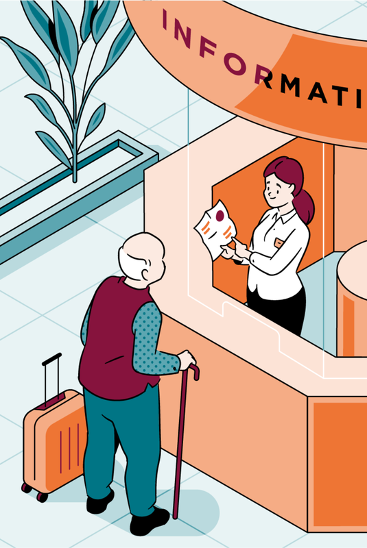 Illustration eines alten Herren am Informationspunkt im Bahnhof