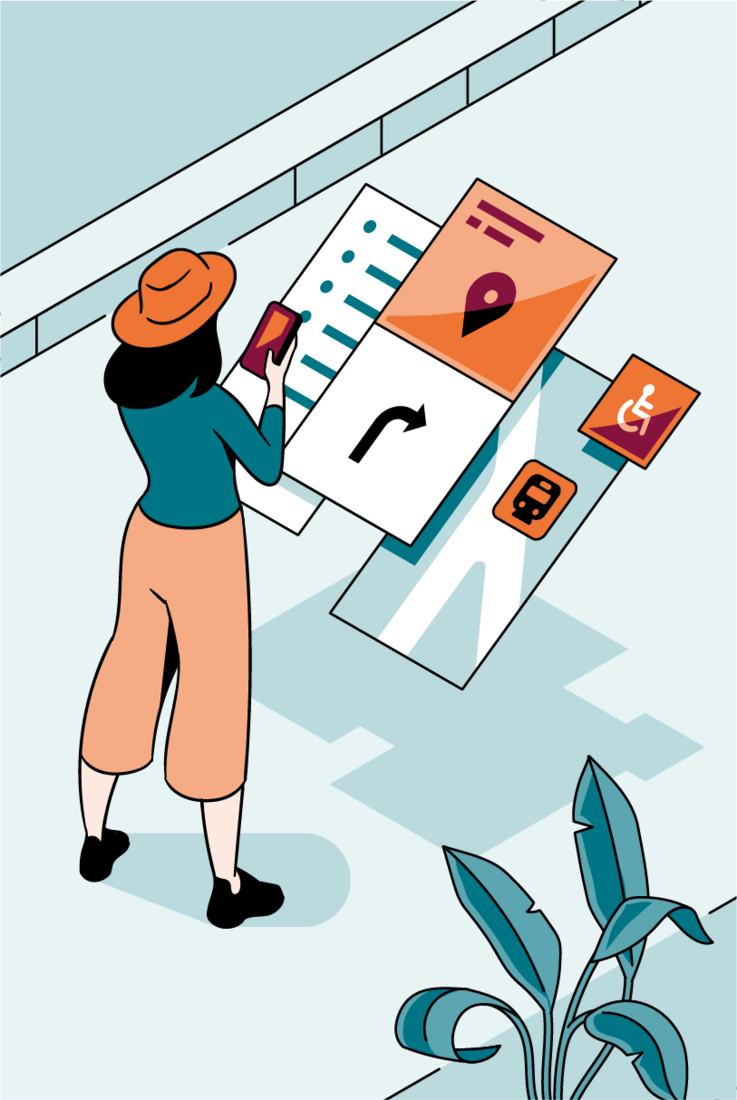 Illustration einer Frau, die ein digitales Leitsystem auf dem Smartphone nutzt