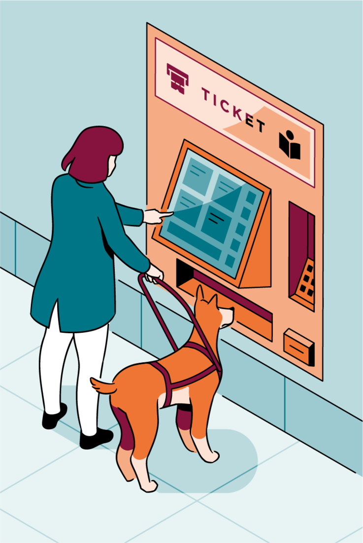 Illustration einer Frau mit Blindenführhund am Fahrkartenautomaten
