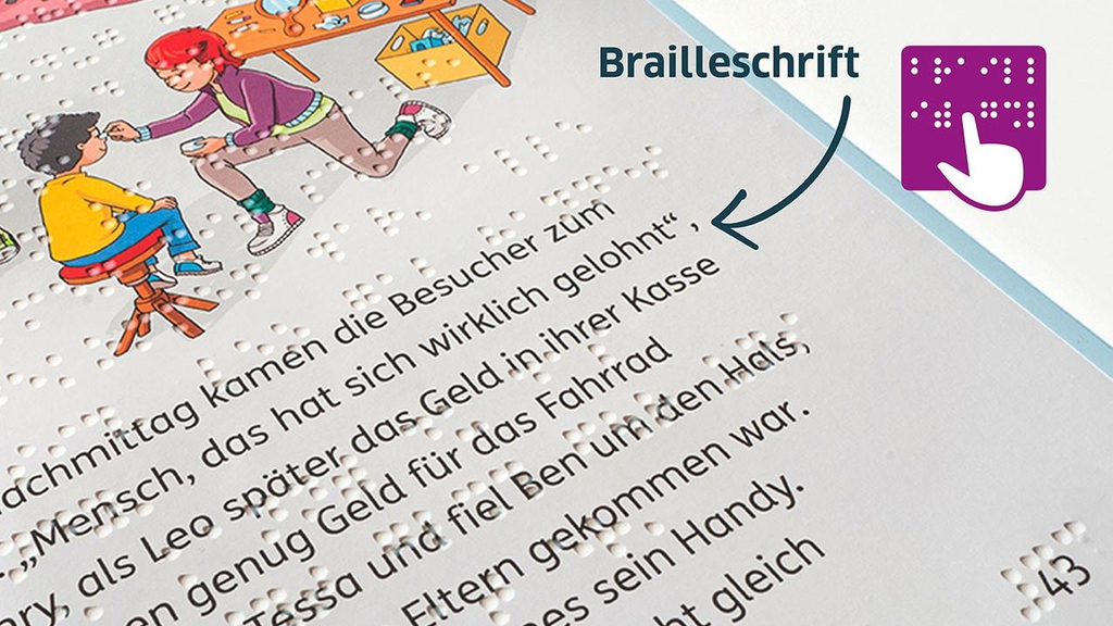 Eine Seite in Brailleschrift aus dem barrierefreien Bunte Bande-Buch "Das gestohlene Fahrrad".