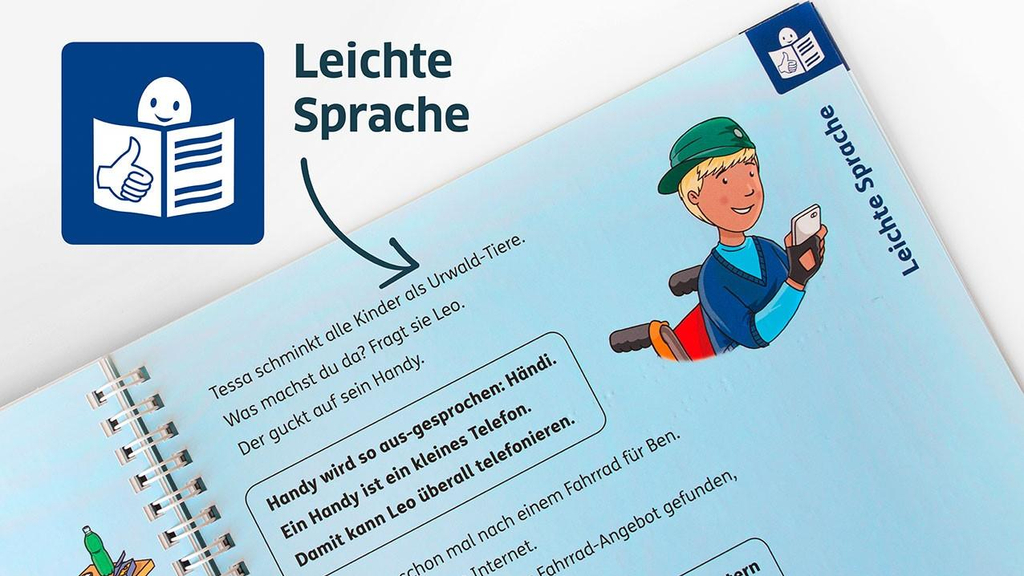 Eine Seite in Leichter Sprache aus dem barrierefreien Bunte Bande-Buch "Das gestohlene Fahrrad".