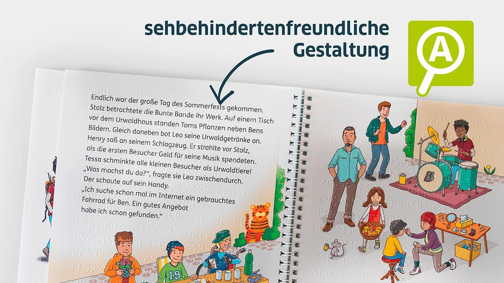 Eine Seite mit sehbehindertenfreundlicher Gestaltung aus dem barrierefreien Bunte Bande-Buch "Das gestohlene Fahrrad".