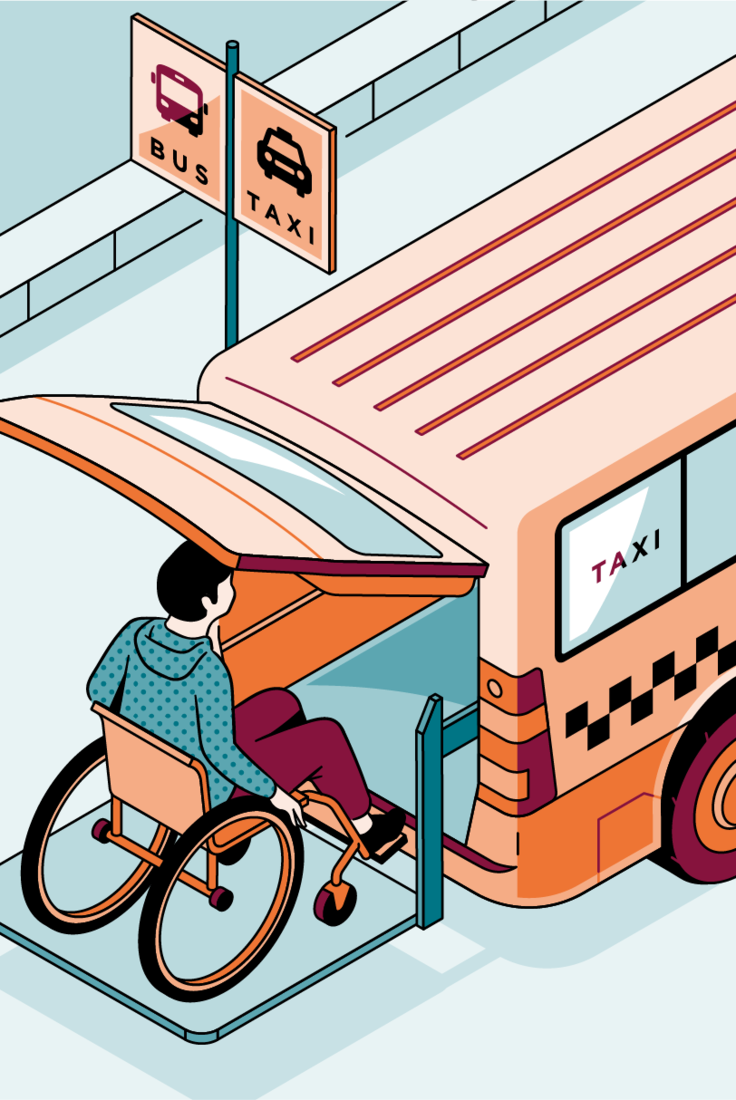 Illustration eines Mannes mit Rollstuhl, der mit einem Lift ins Großraumtaxi gehoben wird