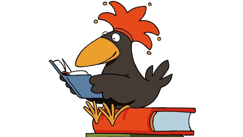 Zeichnung: RAbe Antolin sitzt auf zwei Büchern und liest ein Buch.