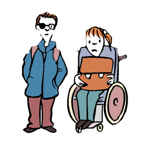 Junge mit Brille und Mädchen im Rollstuhl