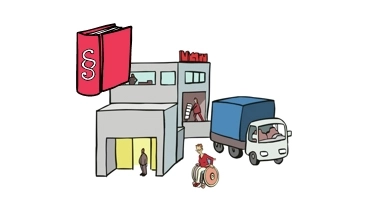 Menschen mit und ohne Behinderung vor einem Firmengebäude