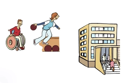 Frau im Rollstuhl beim Bowlen und ein Haus mit einer hohen Treppe