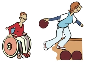 Rollstuhlfahrerin beim Bowlen