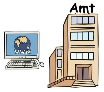 Computerbildschirm und ein Amtsgebäude