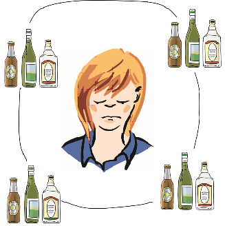 trauriges Frauengesicht in einem Kreis aus Bier- und Weinflaschen