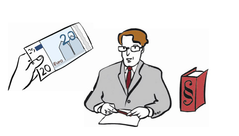 Mann mit einem Gesetzbuch und eine Hand, die ihm Geld reicht