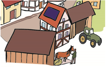 Bauernhof mit Traktor und Pferd