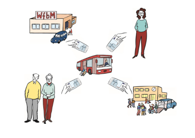 Menschen mit und ohne Behinderung, die Geld für eine Busreise geben