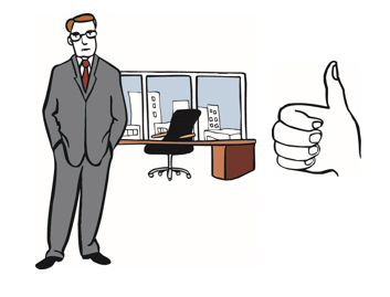 Mann in seinem Büro, daneben eine Hand mit Daumen hoch