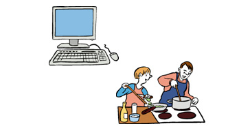 Computer und zwei kochende Menschen