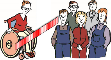 Rollstuhlfahrer und eine Gruppe Menschen getrennnt durch eine Barriere