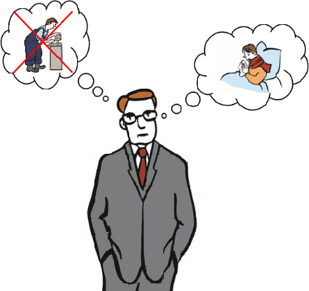 Mann mit Anzug und zwei Denkblasen. Denkblase 1 zeigt einen Mensch im Bett. Dei durchgestrichene Denkblase 2 zeigt einen Mann an einer Werkbank.
