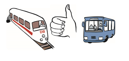 Reisebus, ICE und ein erhobener Daumen