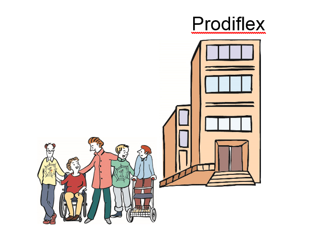 Menschen mit und ohne Behinderung stehen vor dem Fabrikgebäude der Firma Prodiflex