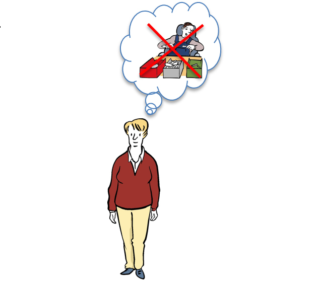 Frau mit Denkblase, die einen mit einem roten Kreuz durchgestrichenen Arbeiter mit Behinderung zeigt