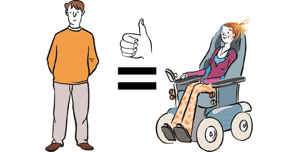 Mann und eine Rollstuhlfahrerin, dazwischen ein Gleichheitszeichen mit hochgerecktem Daumen