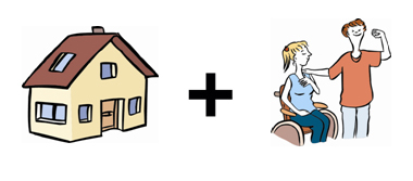Haus und zwei Frauen. Eine Frau ist Rollstuhlfahrerin