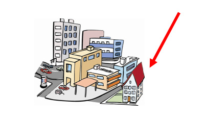 Stadtansicht, roter Pfeil zeigt auf ein einzelnes Haus