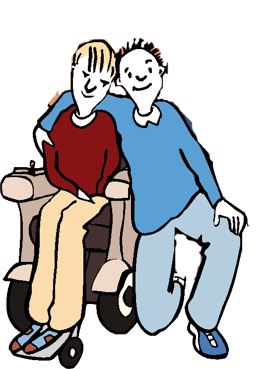 Junge im Rollstuhl und ein knieender Junge halten sich im Arm