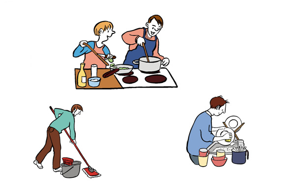 Abbildung von Menschen, die kochen, putzen und Geschirr spülen