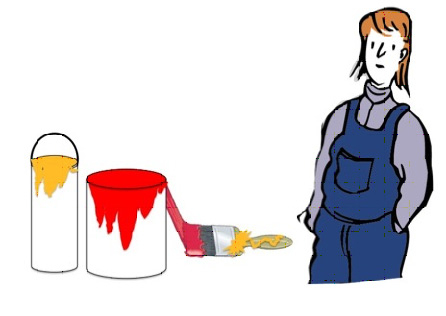 Frau mit blauer Arbeitskleidung und zwei Farbtöpfe mit Pinsel