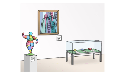 Museumsraum mit Gemälde, einer Skulptur und einer Vitrine