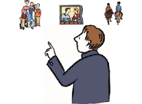 Mann zeigt mit Finger auf verschiedene Situationen, die Freizeitaktivitäten darstellen