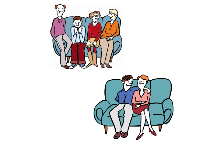 Sofa auf dem vier Menschen sitzen und ein Sofa auf dem ein Paar sitzt