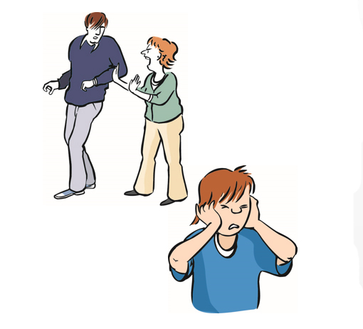 streitendes Paar und ein Kind, das sich die Ohren zuhält