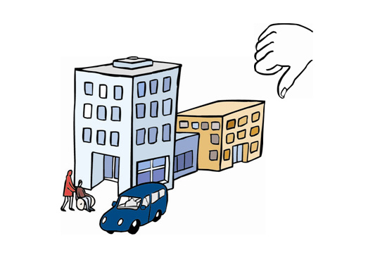 Mann und Rollstuhlfaherin vor einem Wohnheim und die Abbildung eines nach unten gestreckten Daumens