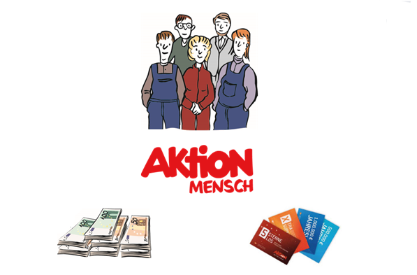 Menschen, Geld, Lose und das Aktion Mensch- Logo