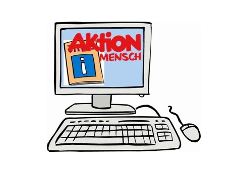 Computer und Bildschirm mit dem Aktion Mensch- Logo sowie ein Infologo